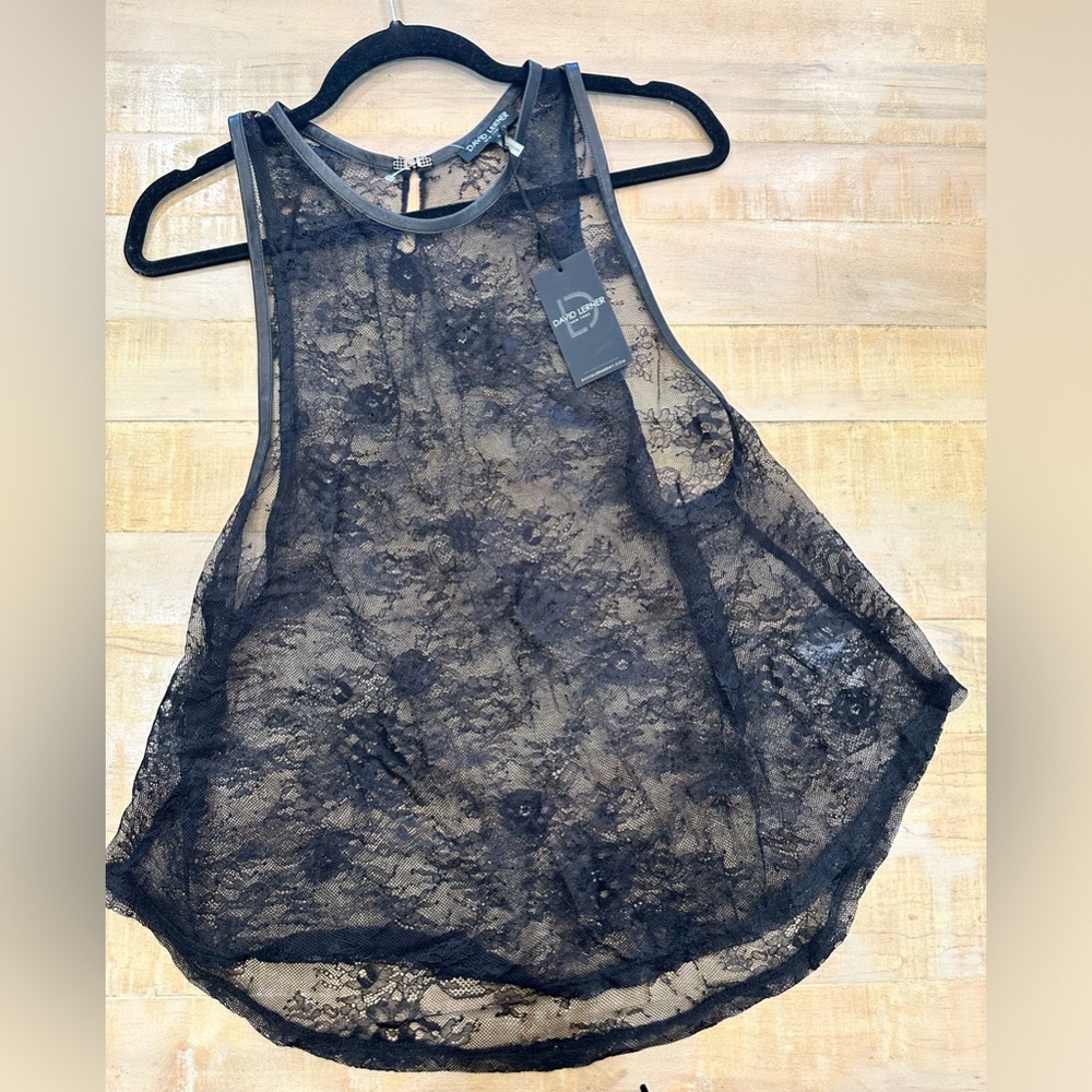 David Lerner black all over lace Racerback tank top blouse nwt